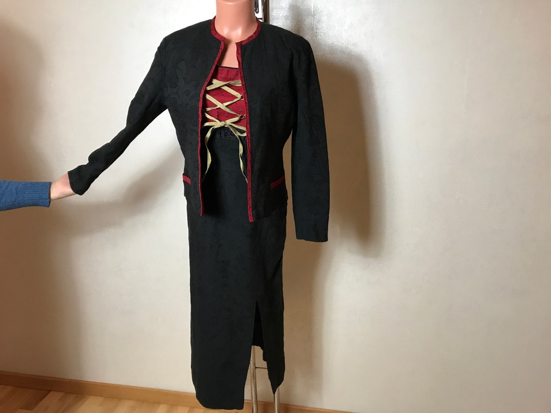 Vintage 80s Two Piece Set Dress and Jacket, Black Red