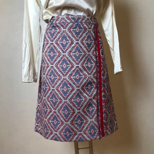 Vintage 90s skirt, cotton viscose, mini length, straight design, medium-large size, red blue white, warm autumn skirt