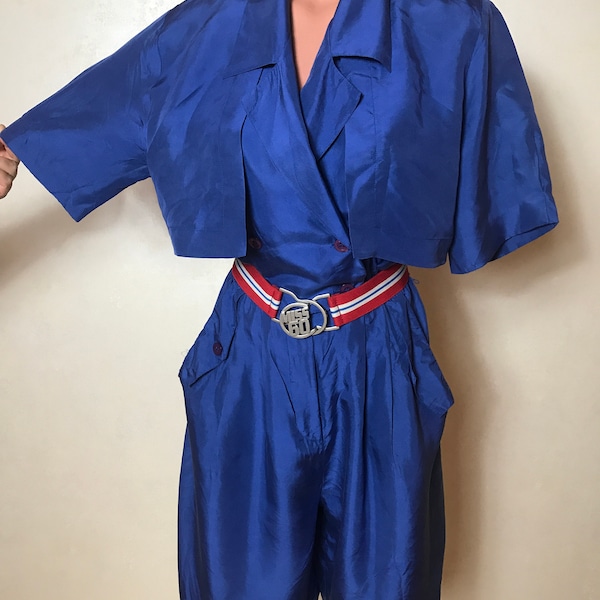 Vintage-Jumpsuit-Kollektion aus den 80er Jahren in Blau: Seiden-Romper & Viskose-Latzhose (M-L)