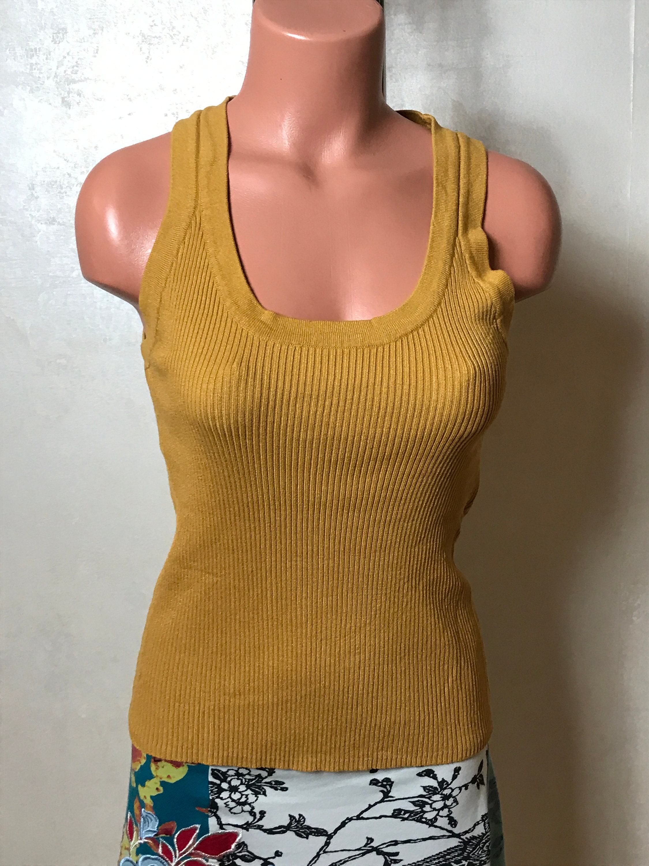 Cotton Vintage 90s Top, Mustard Yellow Fabric, Tank Top, Jersey Top
