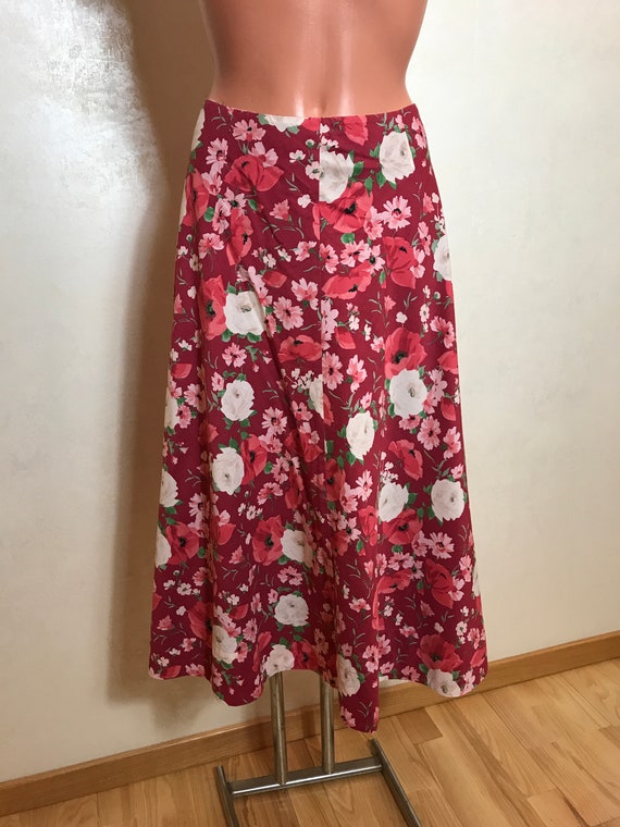 Vintage burgundy skirt with roses print A-line sk… - image 4