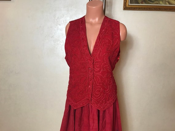 Red vintage 80s waistcoat, V-neckline, sheath des… - image 1