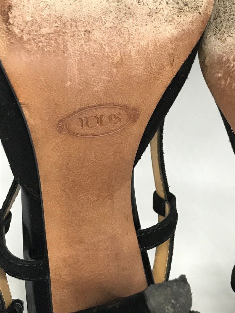 mid heels black suede leather open back formal shoes point square toes size 37 1\\2 EUR Todds Vintage 90s Italian slingbacks