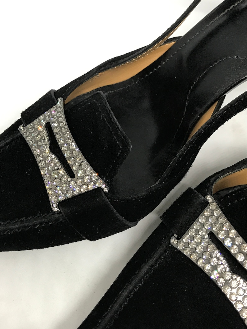 mid heels black suede leather open back formal shoes point square toes size 37 1\\2 EUR Todds Vintage 90s Italian slingbacks