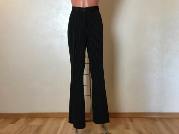 Black Vintage 80s Pants, Women's Work Pants, Medium Size, Striped Print,  Bootcut Design, Mid Rise, Formal Event Pants 