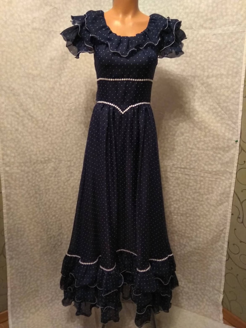 Vintage 70/'s Long dress Lina C Polka-dot dress Dark blue Dress with ruffles