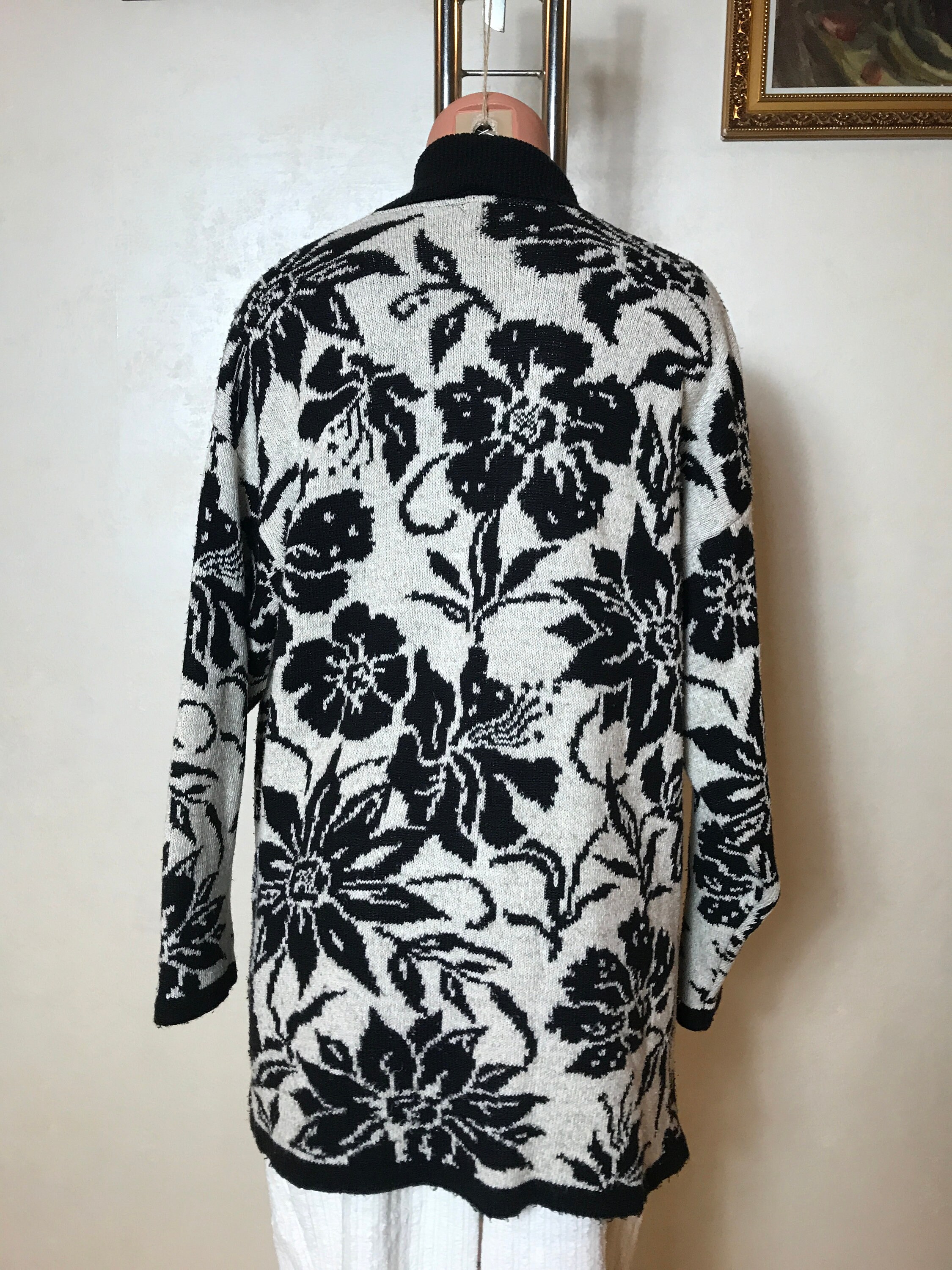 Vintage Womans Cardigan Black an White Floral Print Knitted - Etsy