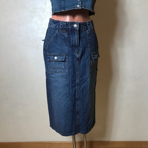 Jean vintage 90s skirt, small size, straight design, knee length, blue cotton denim, casual summer skirt