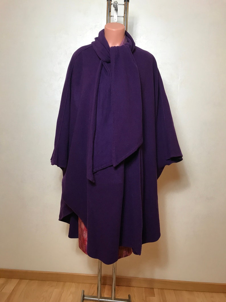 double button fastening two pockets Large size Purple vintage poncho coat Semi circle design sleeve holes