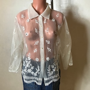 White vintage shirt, transparent fabric, floral embroidery, 3\4 sleeves, straight design, medium size, collared shirt, button up front