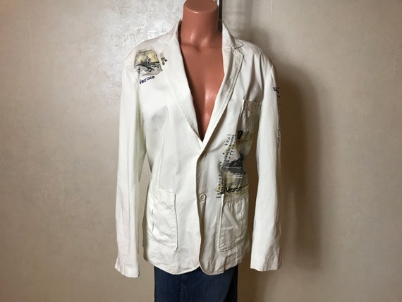 Veste homme blanche grande taille tissu de coton manches longues bouton imprimes texte design droit vintage annees 90 veste decontractee Etsy France
