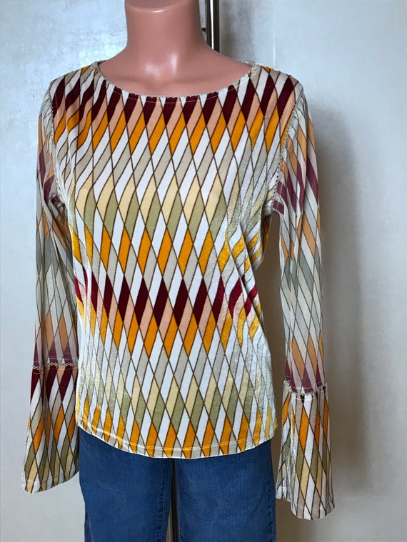 Vintage 80s rhombic blouse, shiny velvet fabric, … - image 3