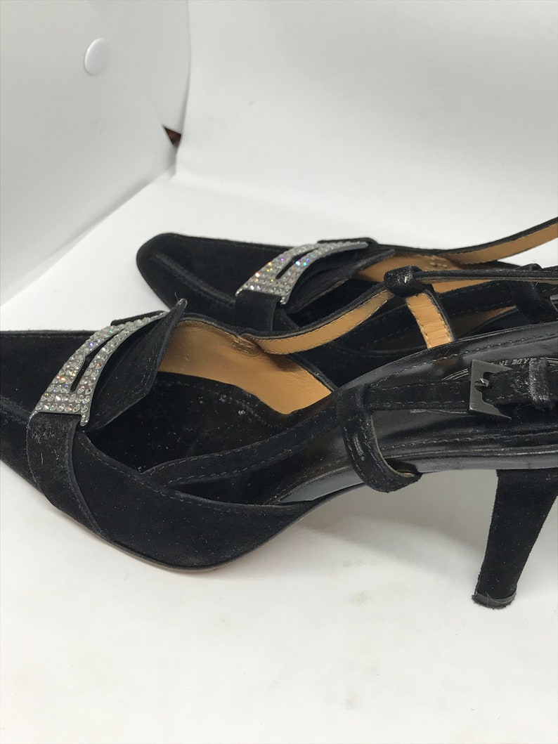 mid heels black suede leather open back formal shoes point square toes size 37 1\\2 EUR Todds Vintage 90s Italian slingbacks