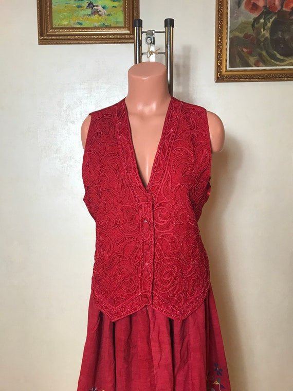 Red vintage 80s waistcoat, V-neckline, sheath des… - image 2
