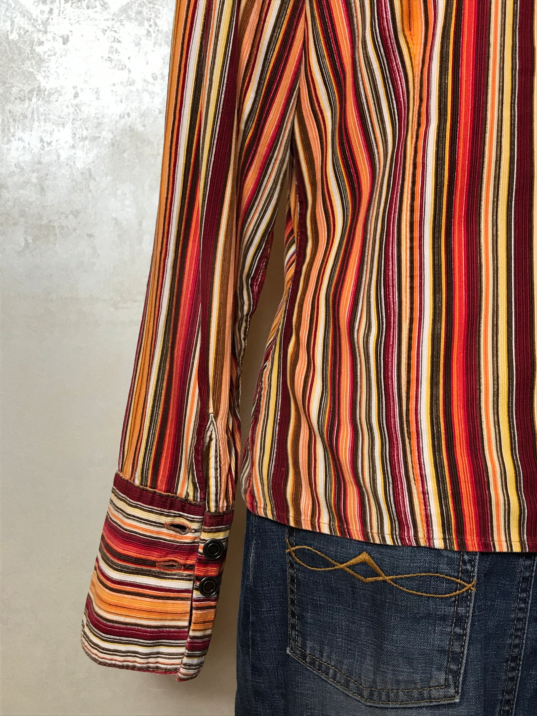 Striped Vintage 80s Shirt, Orange Red Brown Colors, Long