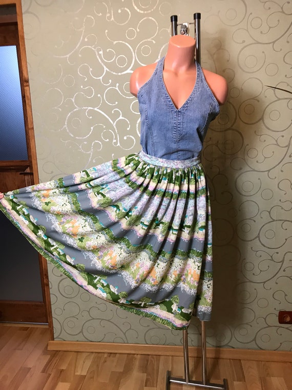 Summer vintage 50s skirt, flowers-trees-houses pri