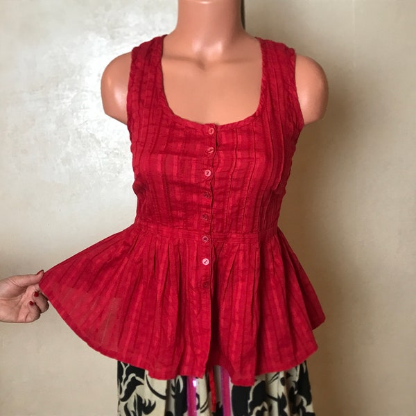 Cotton vintage 90s shirt, small size, red fabric, sleeveless top, button up front, fit and flare design, ethnic style shirt