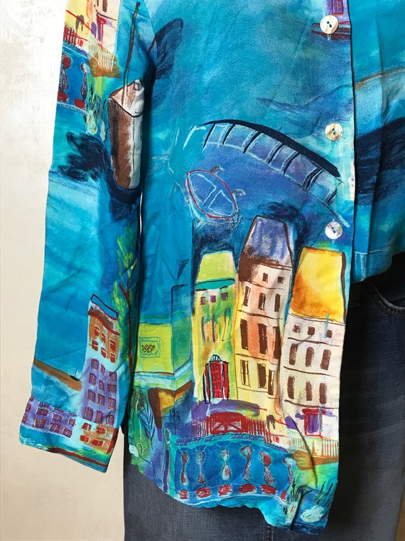 Blue vintage 80s shirt, buildings print, long sle… - image 4