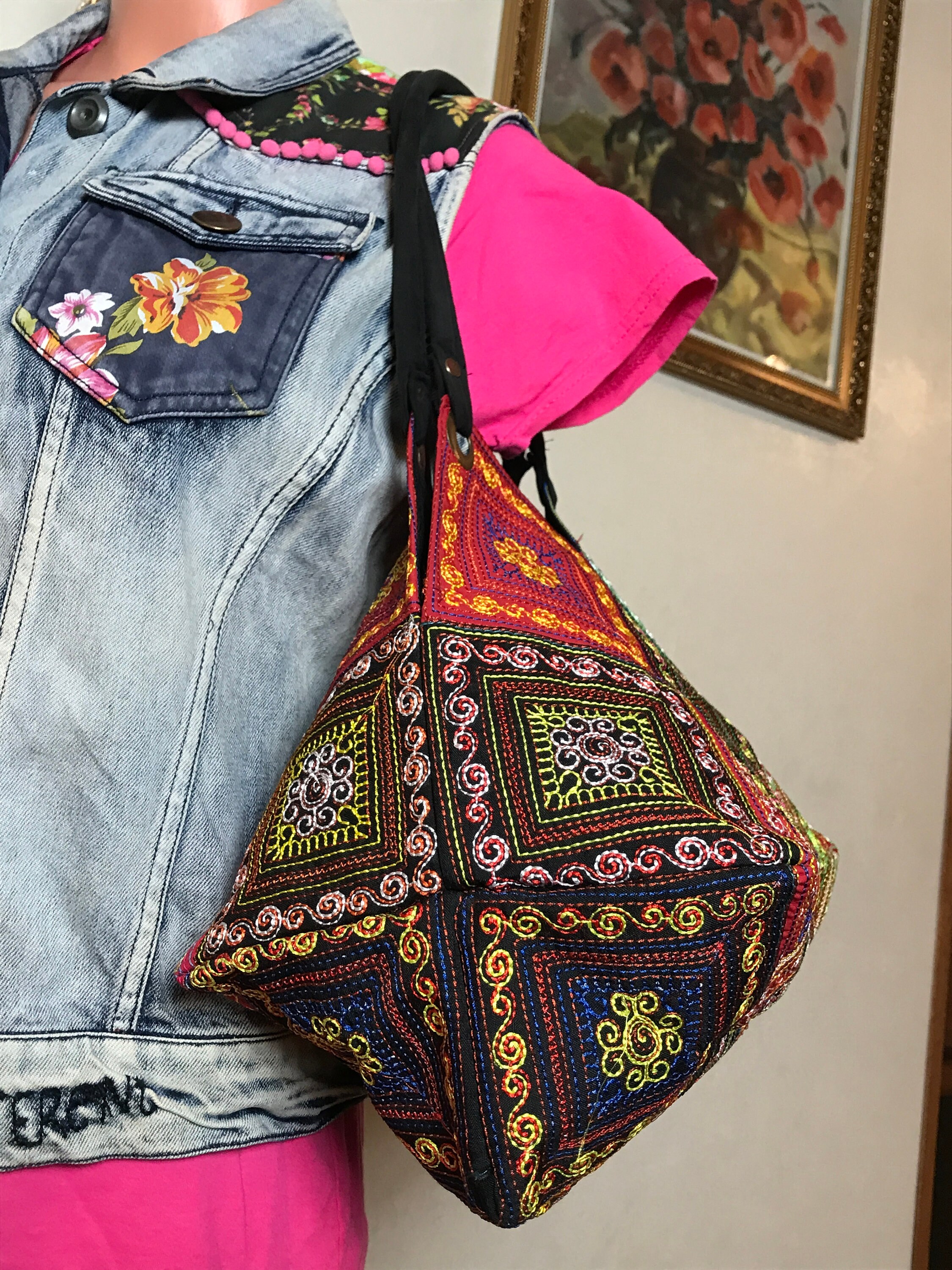 Vintage 90s Women's Bag, Big Purse, Geometric Embroidery