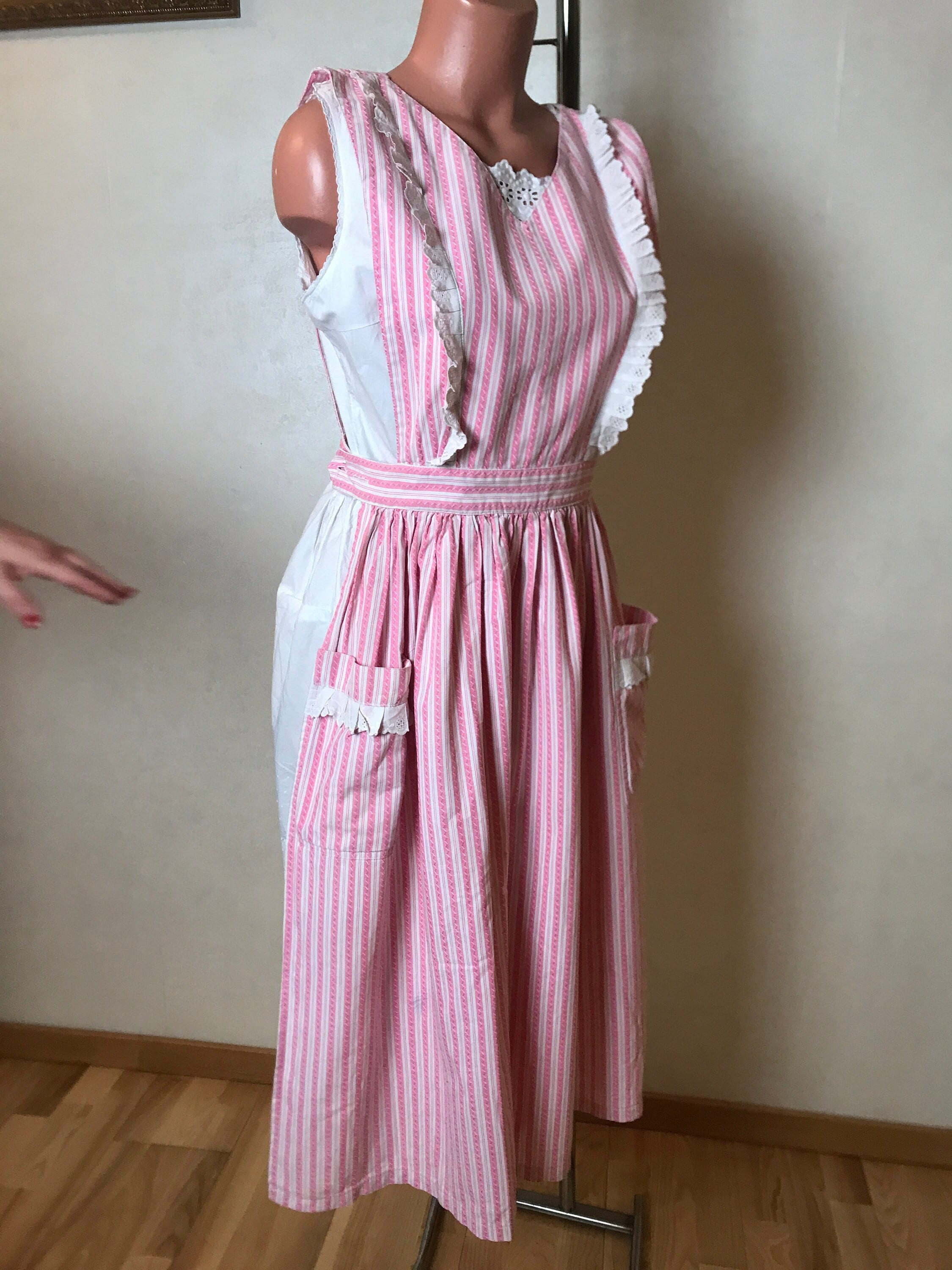 Pink Vintage 80s Apron, Cotton Fabric, Ethnic Striped Print