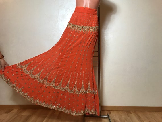Orange Vintage 80s Skirt Indian Skirt Beads Embroidery Maxi Length Elastic Waist Ethnic Skirt A line Etsy