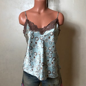 Blue vintage slip top, large size, adjustable narrow straps, brown white circles print, lace hem, nighty top, underwear, cami top