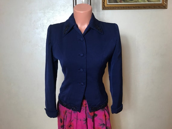 Blue vintage 40s jacket, natural fabric, sheath d… - image 1