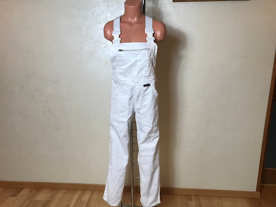 White vintage overalls, cotton fabric, pants overa