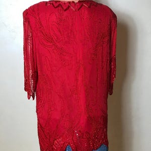 Vintage Blouse Collection: 60s Embroidered, Red Silk Beaded, Cupro Print, Dirndl Top. Size M image 9