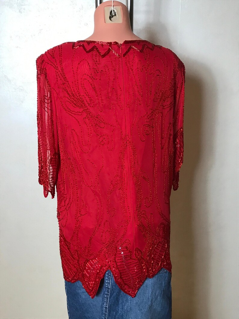 Vintage Blouse Collection: 60s Embroidered, Red Silk Beaded, Cupro Print, Dirndl Top. Size M image 9