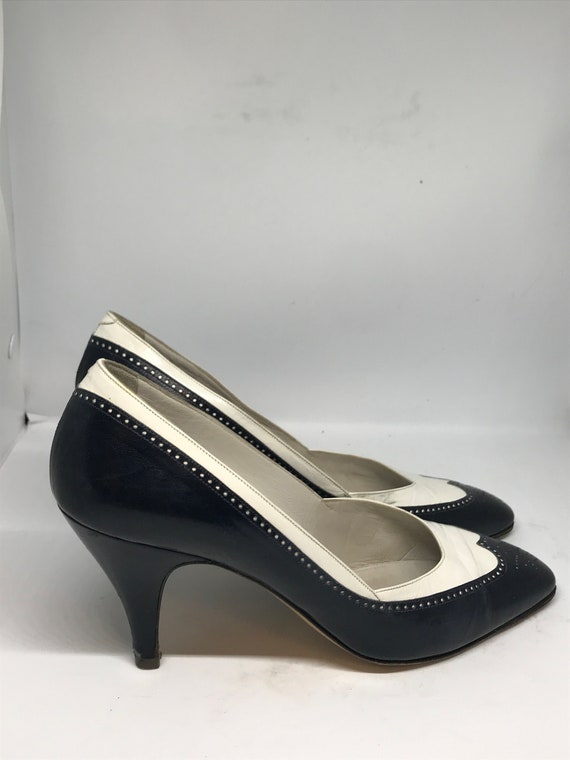 navy and white kitten heel shoes