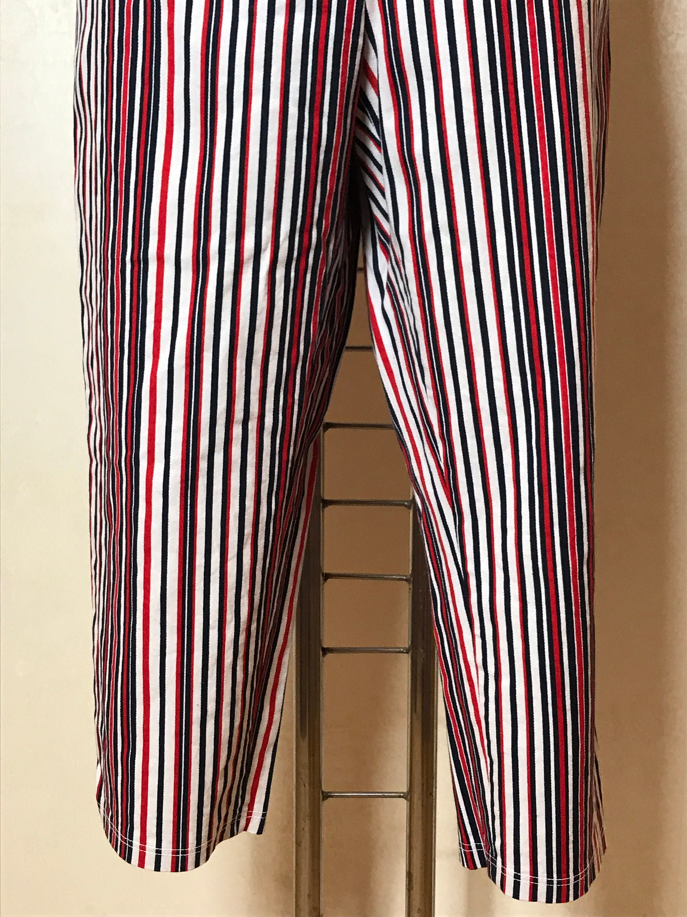 Striped Vintage 80s Pants, High Rise, White - Red - Blue