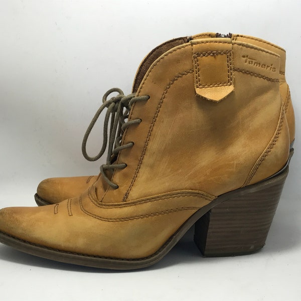 Vintage cowboy boots, women's shoes, light brown, ankle boots, lace up, block heels, mid height, zipper fastening, size 37