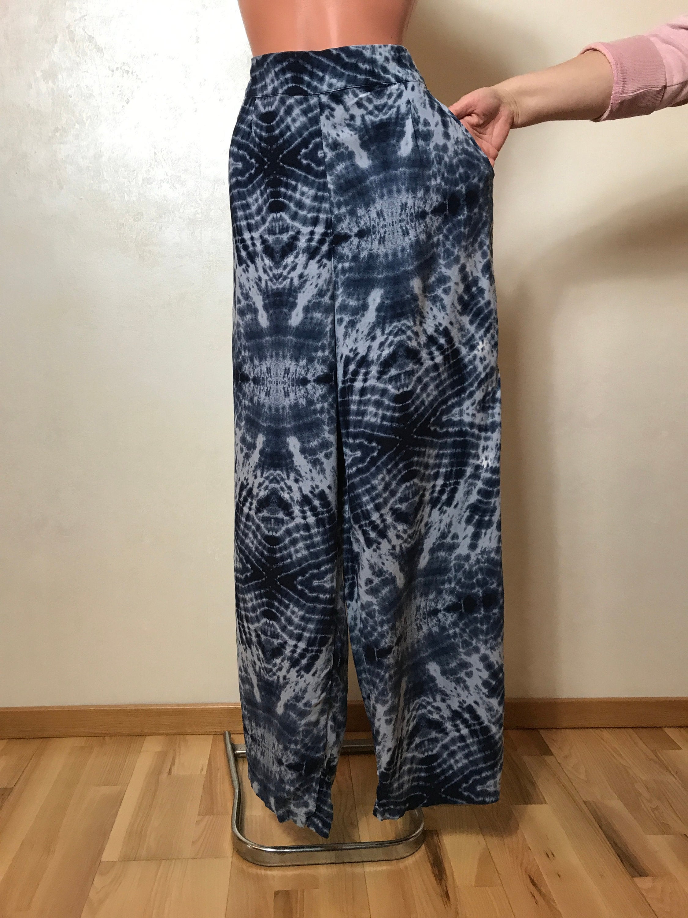 Viscose Vintage 90s Pants, Large Size, Tie Dye Print, Blue