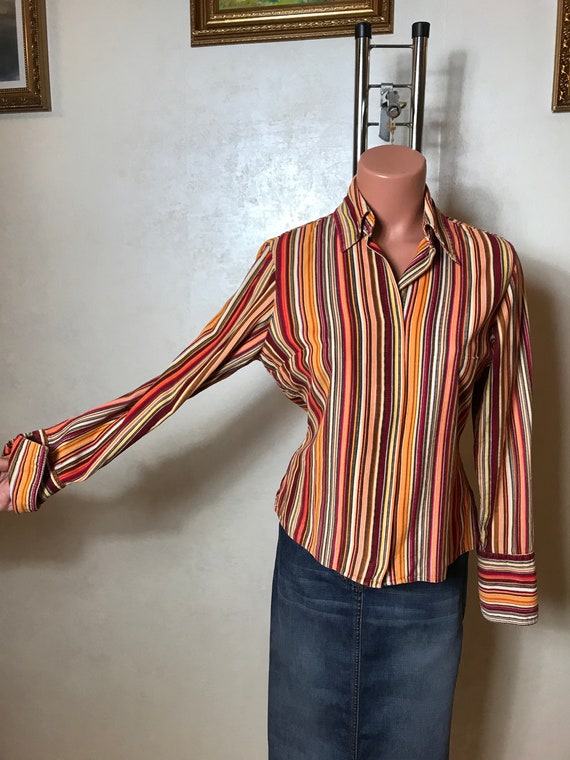 Striped Vintage 80s Shirt, Orange Red Brown Colors, Long Striped Vintage 80s Shirt, Orange Red Brown Colors, Long