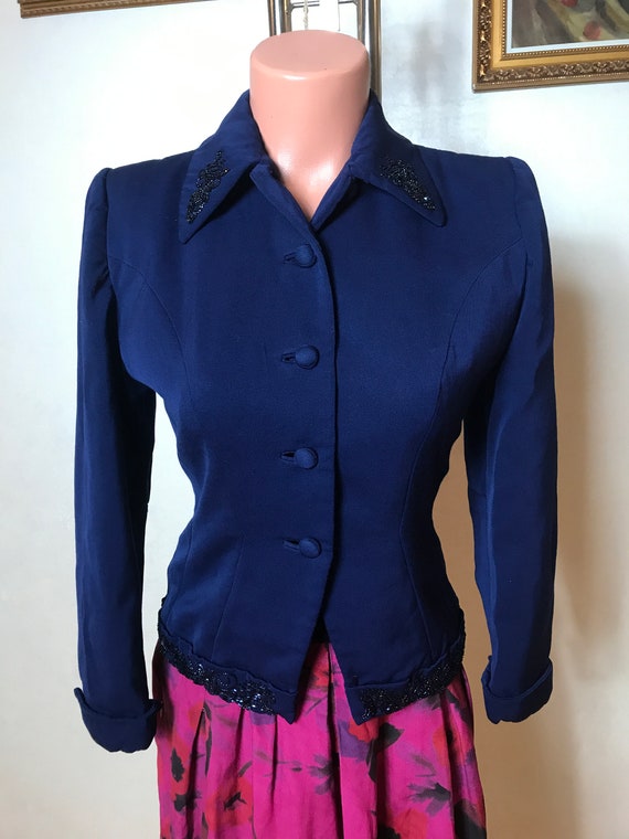 Blue vintage 40s jacket, natural fabric, sheath d… - image 2