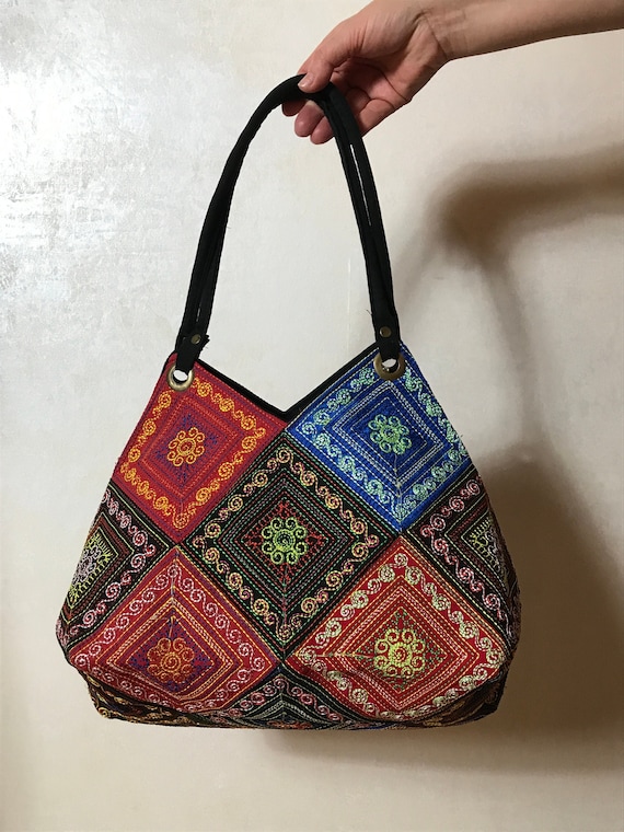 Vintage 90s Women s Bag Big Purse Geometric Embroidery Ethnic Pattern Flap Bottom Two Shoulder Straps Zipper Closure Etsy