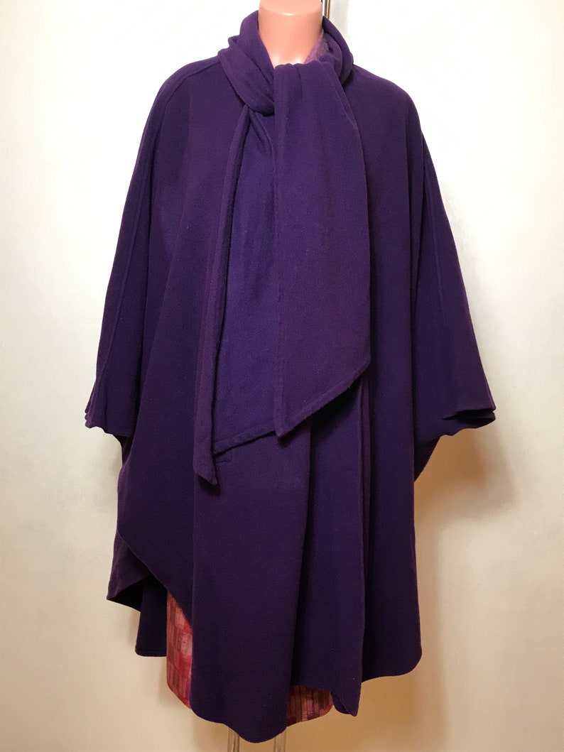 double button fastening two pockets Large size Purple vintage poncho coat Semi circle design sleeve holes