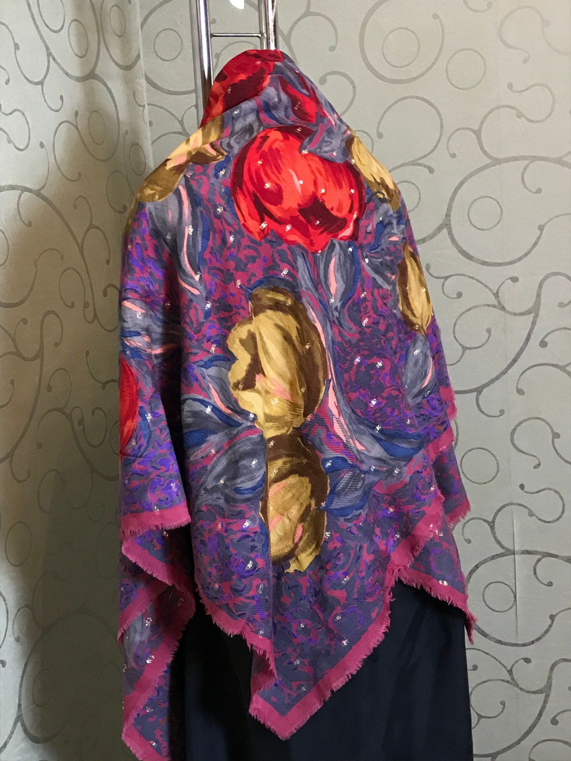 Emanuel Ungaro Shawl Bright Floral Tulip Print Art Red Purple Etsy Uk