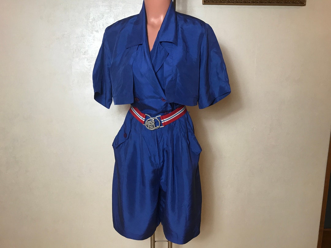 Blue Vintage 80s Romper Silk Fabric Short Sleeves Shorts Etsy
