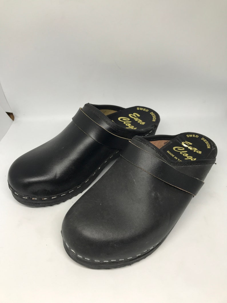 Black vintage 90s shoes, kid's shoes, slippers, size 35, black leather, swed shoes, mid sole, open back, small shoes image 2