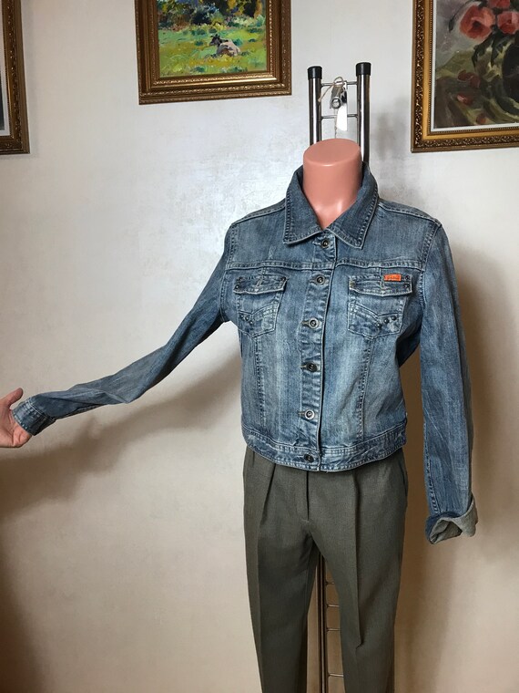 Jean jacket with fabric sleeves sale