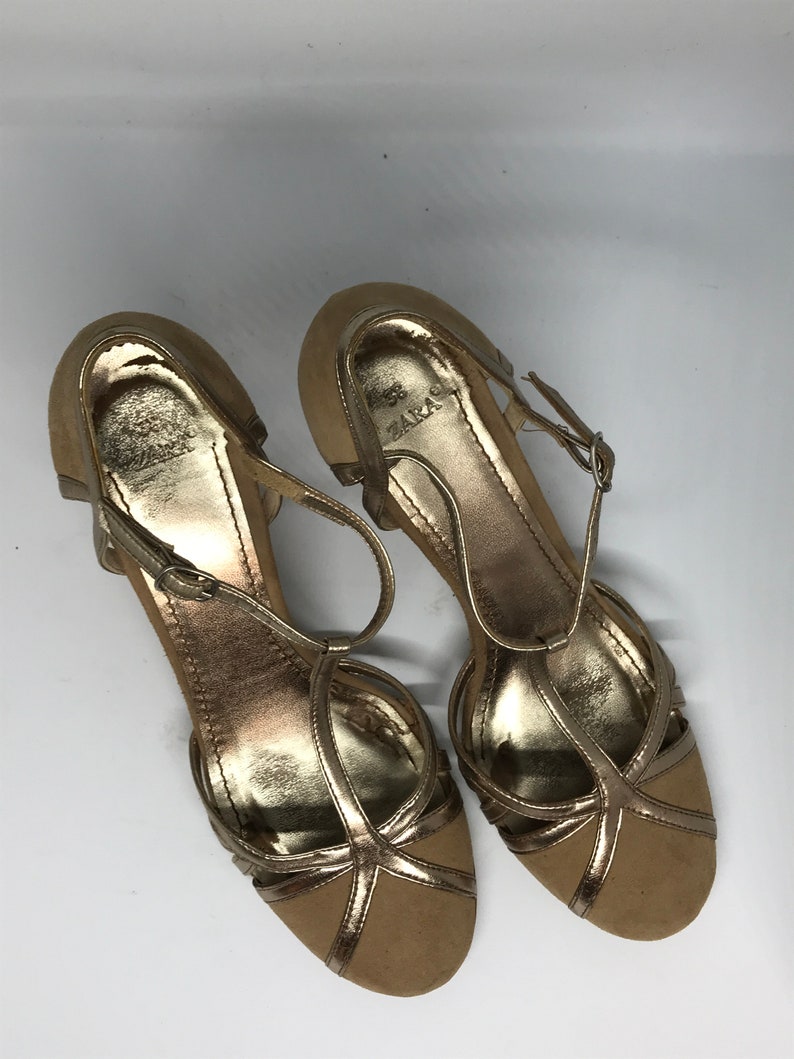 Vintage 90s wedge shoes camel suede with bronze straps | Etsy