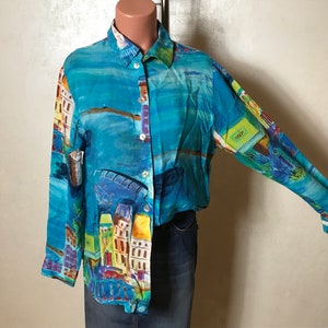 Blue vintage 80s shirt, buildings print, long sleeves, button up front, collar, medium size, classic summer shirt, vacation shirt