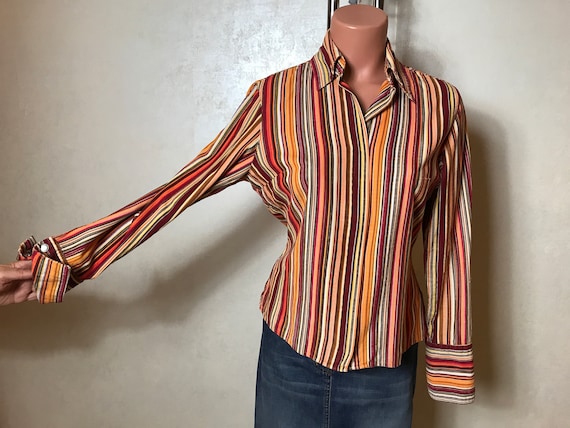 Striped Vintage 80s Shirt, Orange Red Brown Colors, Long Striped Vintage 80s Shirt, Orange Red Brown Colors, Long