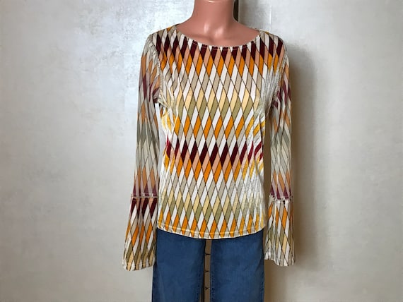 Vintage 80s rhombic blouse, shiny velvet fabric, … - image 1
