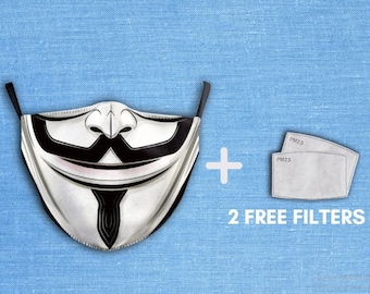 Reusable Washable Adjustable Strong Face Mask Anonymous Guy Fawkes V for Vendetta Halloween Gift for him or for her  + 2 Protective Filtres