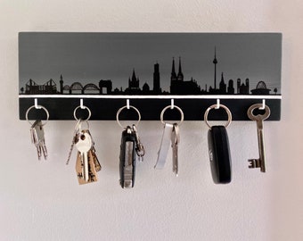 Keyboard “Cologne Skyline” hand-painted, handmade, Elbe, keyboard, wooden bar, hook bar, jewelry hanger