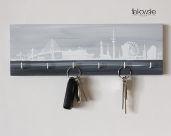 Schlüsselbrett „Hamburg Skyline“ handbemalt, handmade, Elbe, Schlüsselboard, Holzleiste, Hakenleiste, Schmuckaufhänger