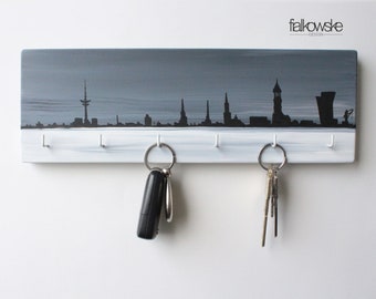 Keyboard "Hamburg Skyline" handpainted, handmade, Elbe, Maritim, keyboard, wooden bar, hook bar, jewelry hanger